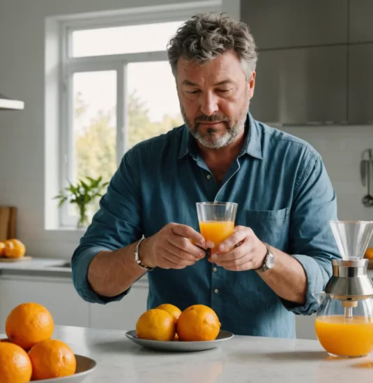 homme cuisine avec presse agrumes
